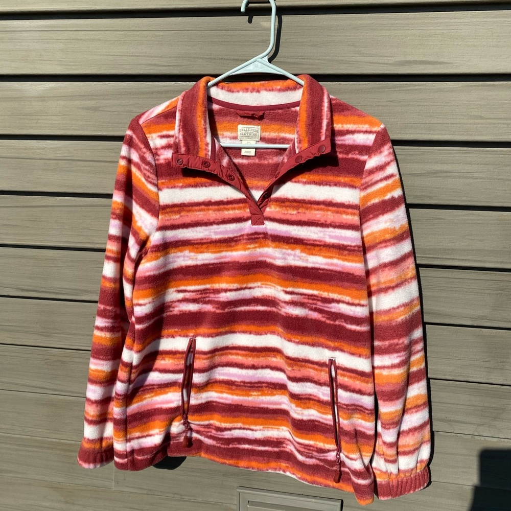 Telluride clothing company orange and red quarter button fleece.